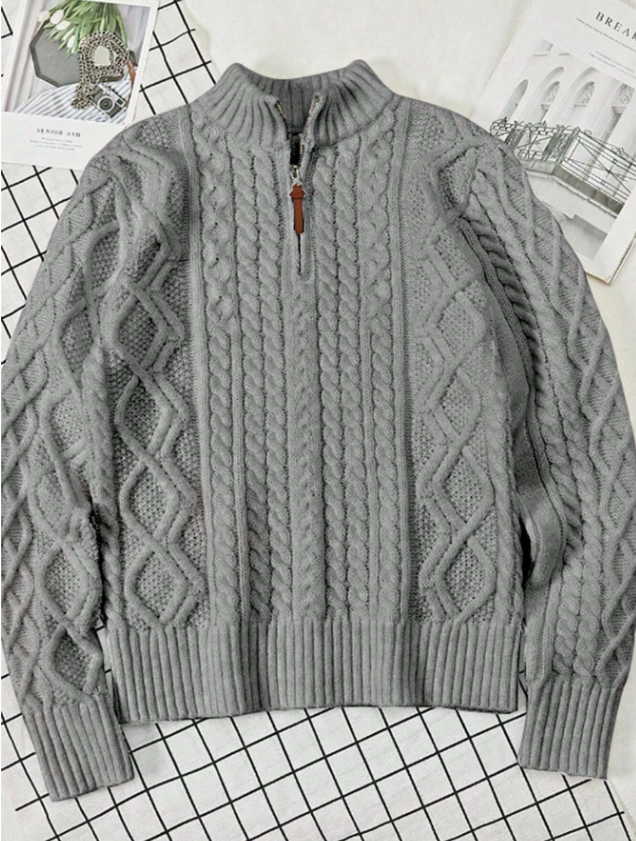 Men’s casual half-zip cable knit sweater with a funnel neck — perfect for fall and winter