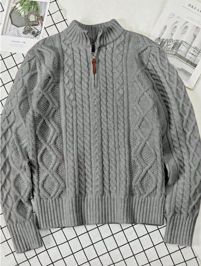 Men’s casual half-zip cable knit sweater with a funnel neck — perfect for fall and winter