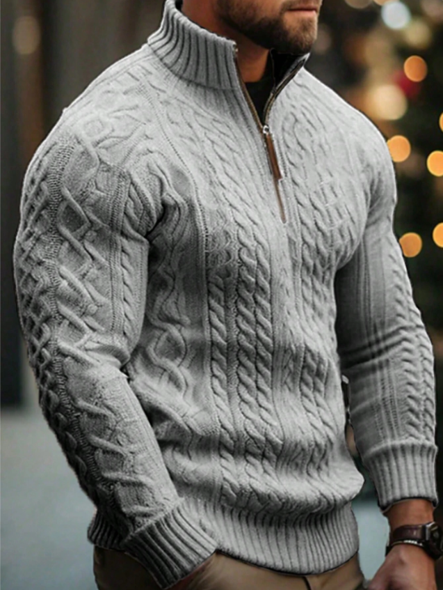 Men’s casual half-zip cable knit sweater with a funnel neck — perfect for fall and winter